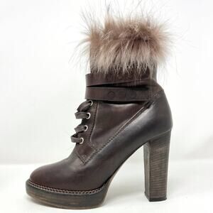 Brunello Cucinelli Brown‎ Leather Fur‑Trim Lace‑Up High‑Heel Boots Size 37.5